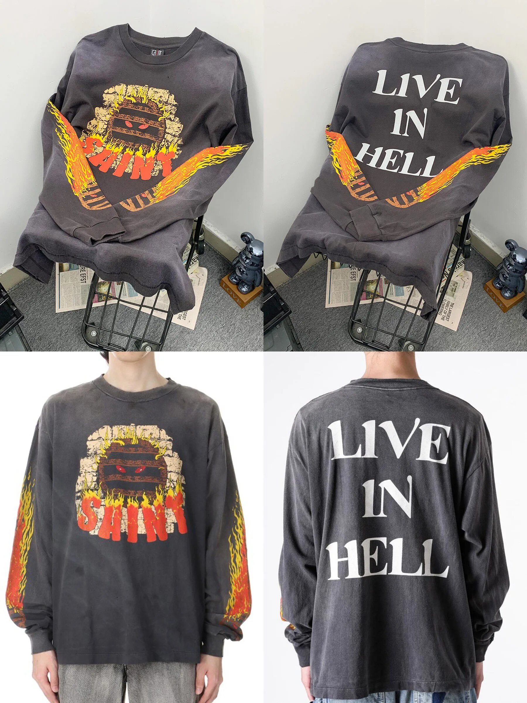 Washed Grey - Double Sleeve Flame Devil Pattern Long Sleeve