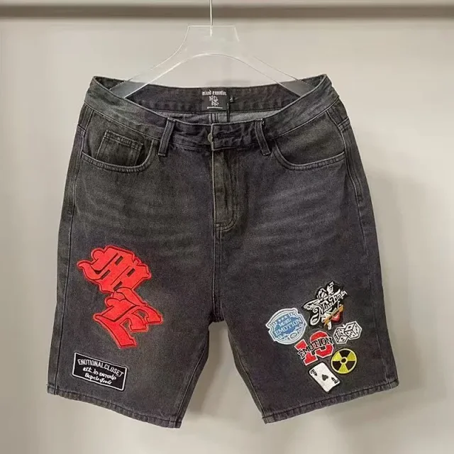 Mixed Emotion Shorts Denim with Embroidered Patches and Rhinestones product detail image 2