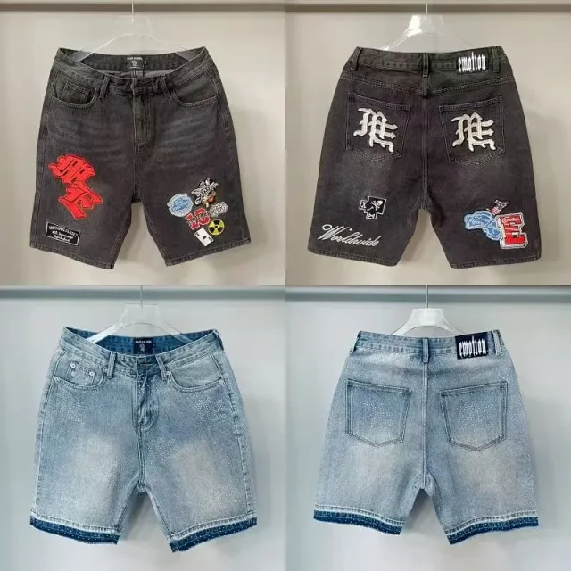 Mixed Emotion Shorts Denim with Embroidered Patches and Rhinestones product detail image 1