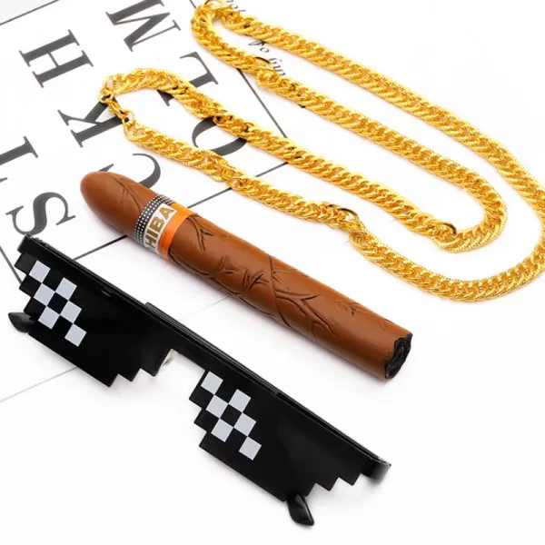 Design Pixel Sunglasses with Cigar Pendant and Gold Chain Necklace Set Eyewear - 1