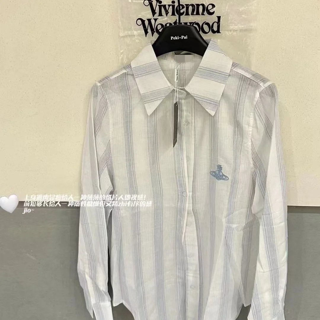CHAO level recommendation! Saturn Embroidered Sea Salt Blue Stripe Color Knitted Cotton and Hemp Collar Shirt Women's Lightweight Long Sleeve Top