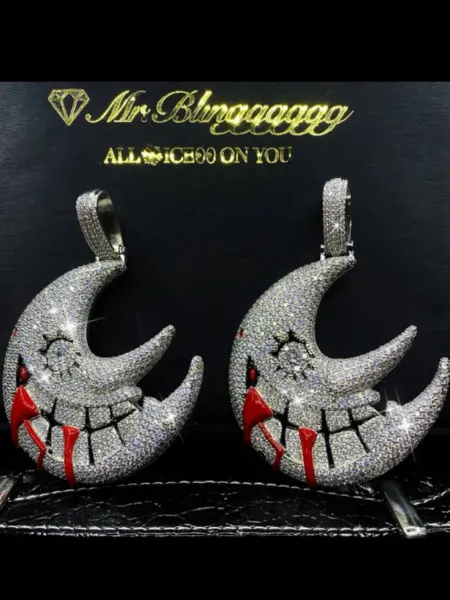 Design Mungggggg Crescent Moon Pendant with Red Drip Detail Silver-Plated Iced-Out Necklace Jewelry - 2