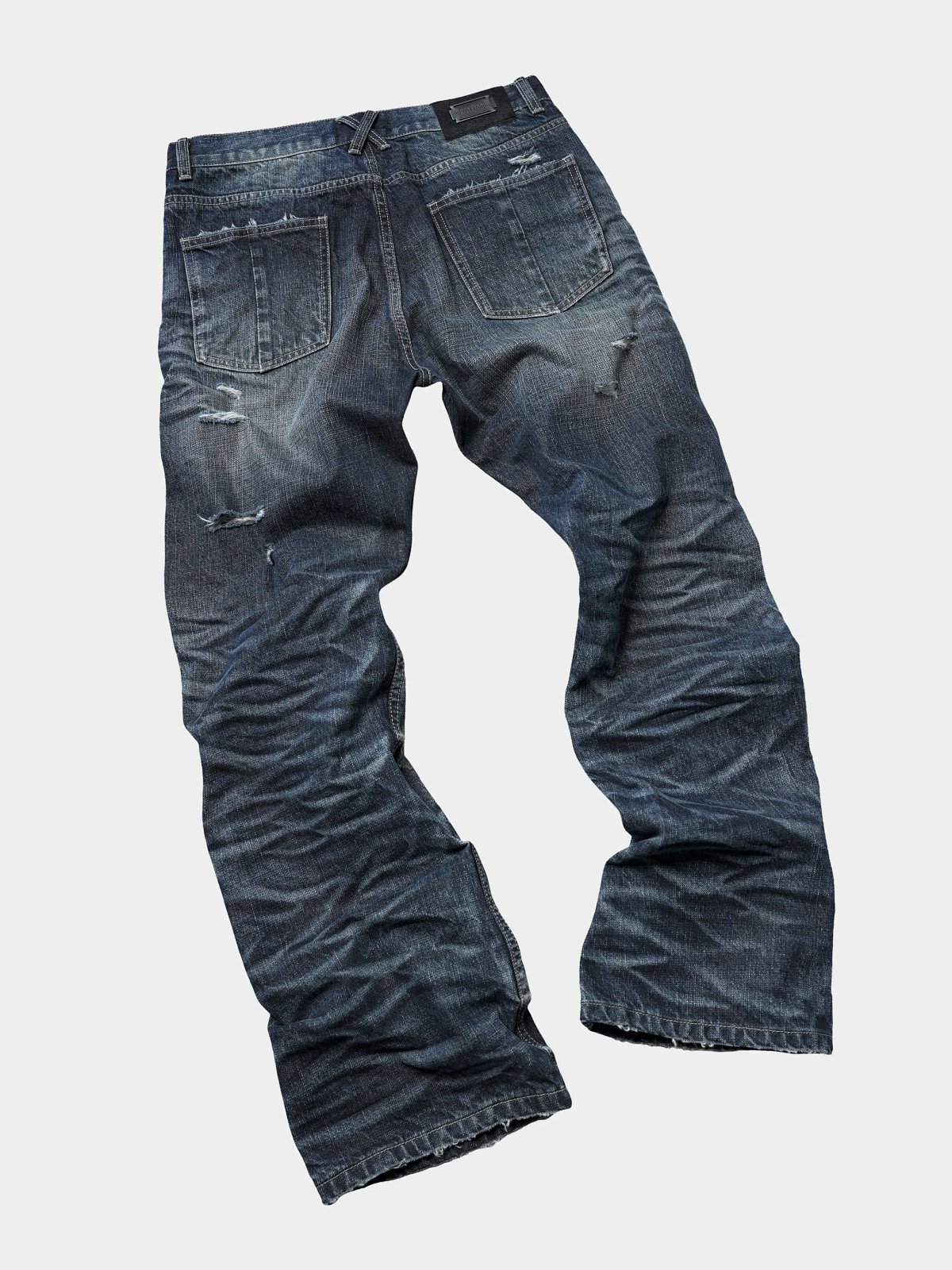 EODUP Thorn Selvedge Red-Line Denim, Distressed Wash Creased Straight-Leg Jeans, High Color Retention