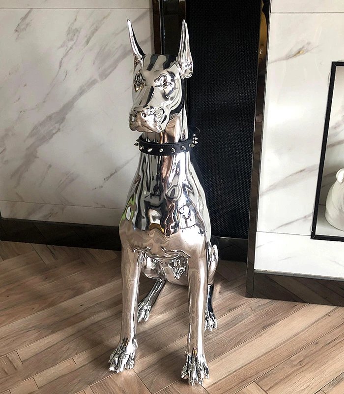 Doberman Sculpture Silver Chrome Home Decor Accessories