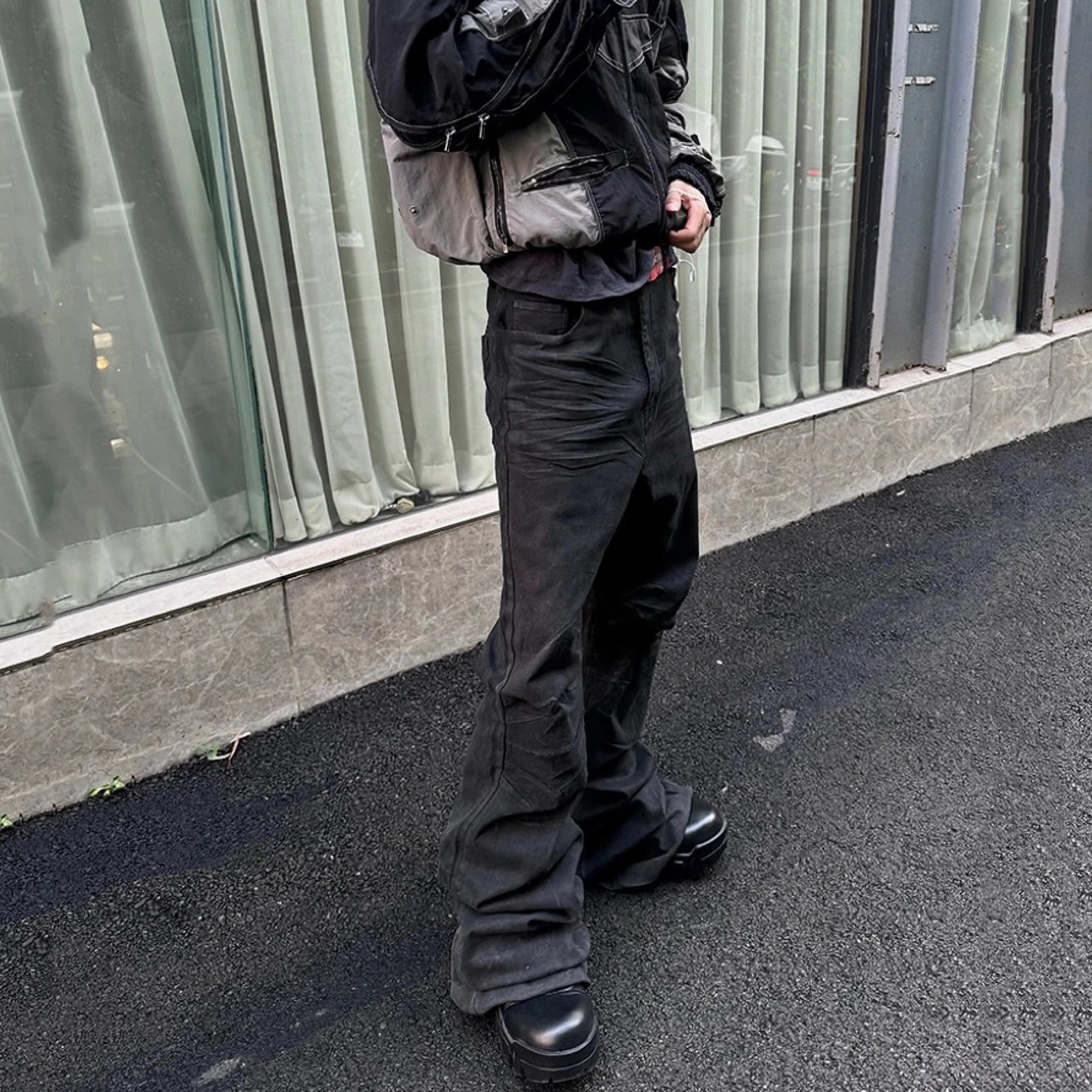 American Heavyweight Hand-Waxed Black Coated Stretch Flare Jeans Floor-Length Waxed Pants Bootcut Trousers for Men