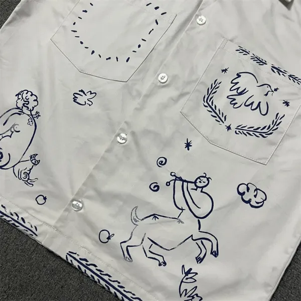 Design Short-Sleeve Button-Up Shirt with Hand-Drawn Illustration Print White - 2
