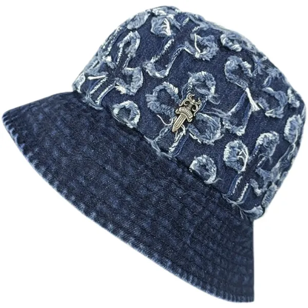 Chrome Hearts Denim Bucket Hat with Cross Motif and Dagger Pin Navy - 5