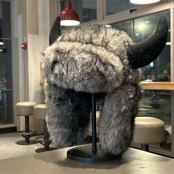 Design Viking Horned Fur Hat Gray Black Hats - 1