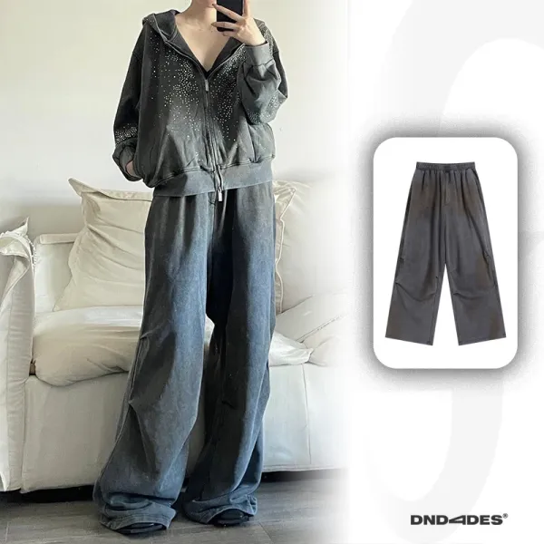 Design DND4DES Distressed Rhinestone Hoodie and Wide-Leg Pants Set Gray Sets - 1