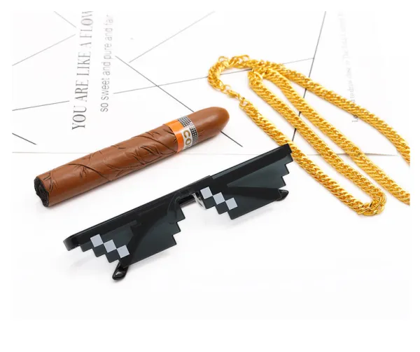 Design Pixel Sunglasses Black with Silver Accents, Gold Chain Necklace, and Cigar Prop Accessories - 1