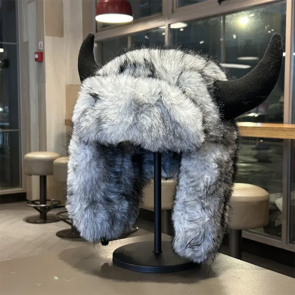 Design Viking Horned Fur Hat Gray Black Hats - 1