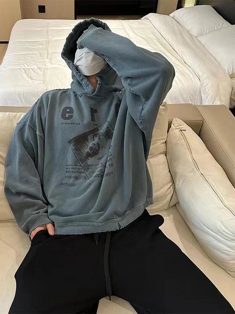 Design Distressed Graphic Hoodie in Washed Indigo - 4