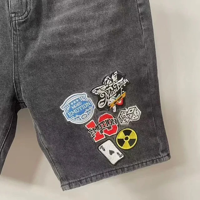 Mixed Emotion Shorts Denim with Embroidered Patches and Rhinestones product detail image 3