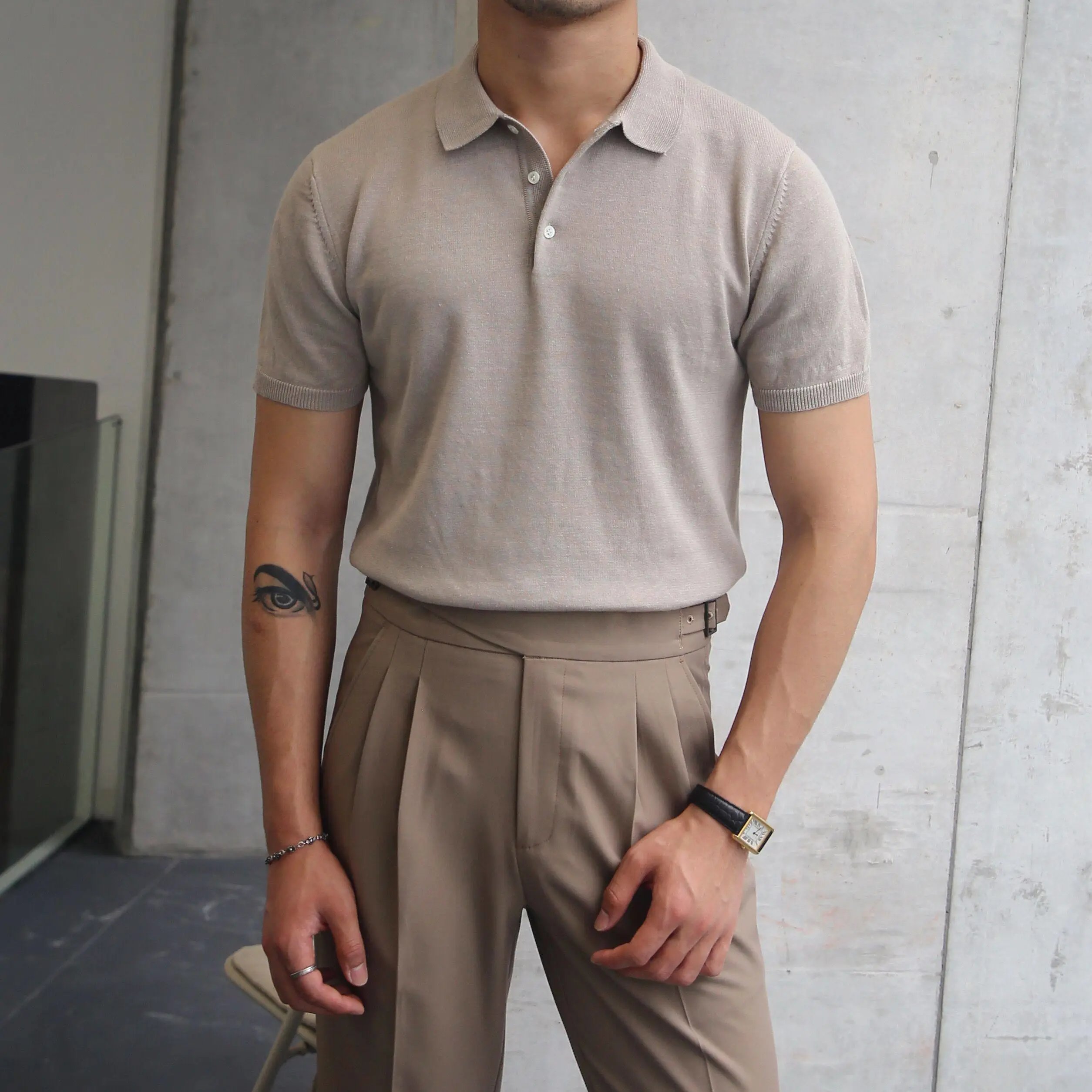 Design Knit Polo Shirt Beige + Pleated Trousers Beige