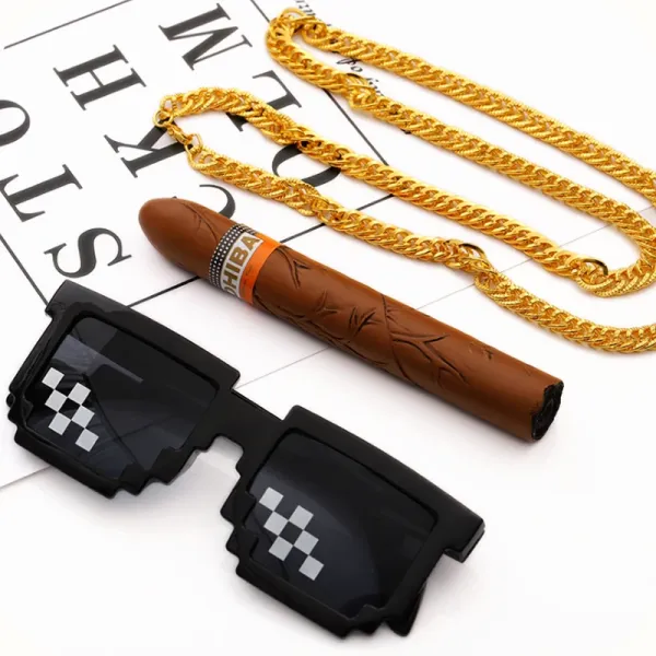 Design Pixel Sunglasses Black with Silver Accents, Gold Chain Necklace, and Cigar Prop Accessories - 2