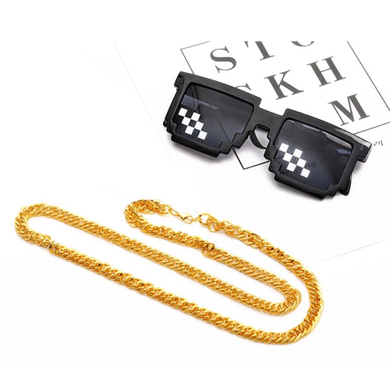 Design Pixel Sunglasses with Gold Chain Necklace Set Accessories - 1