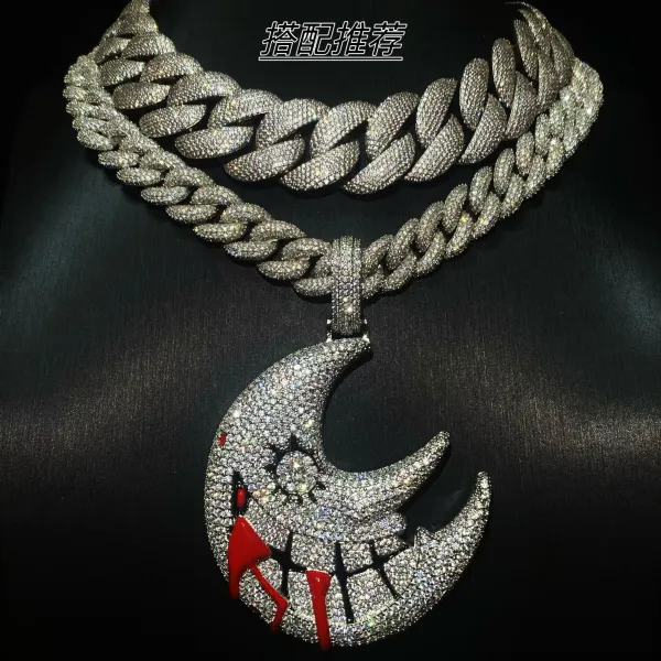 Design Mungggggg Crescent Moon Pendant with Red Drip Detail Silver-Plated Iced-Out Necklace Jewelry - 12
