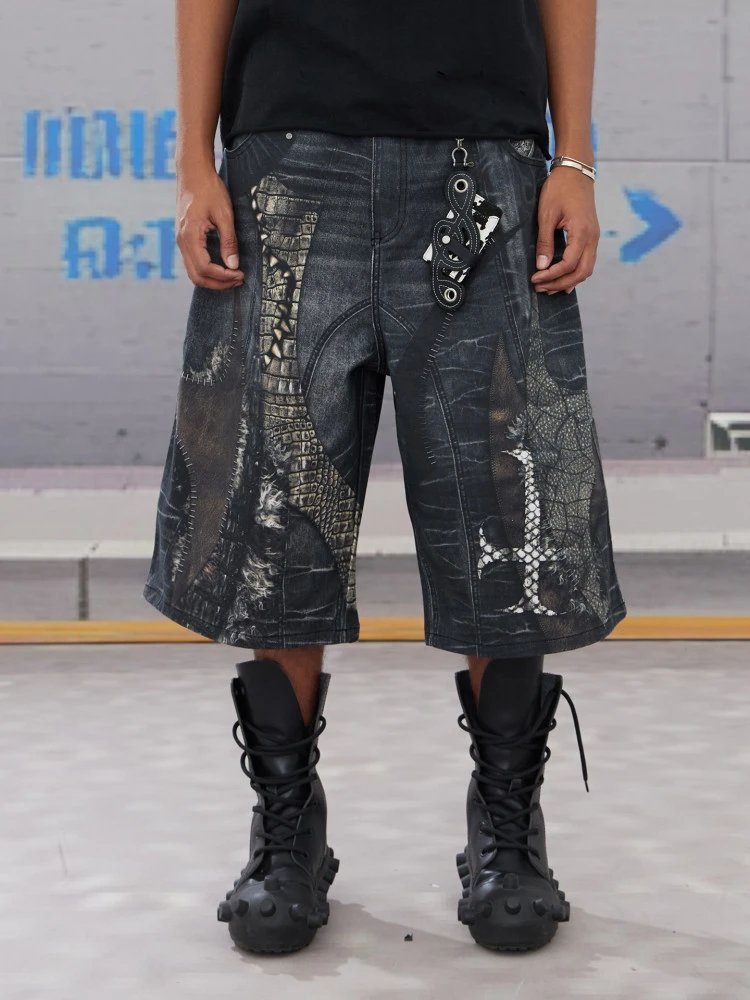 Design Distressed Crocodile-Print Denim Shorts Black - 2