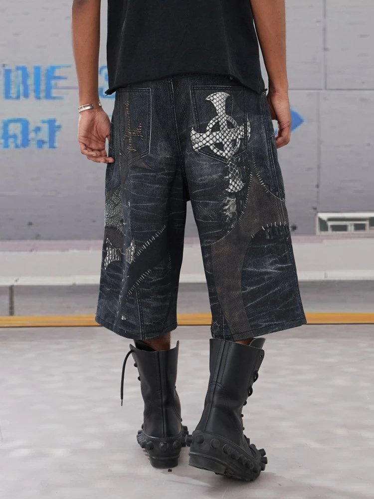 Design Distressed Crocodile-Print Denim Shorts Black - 3