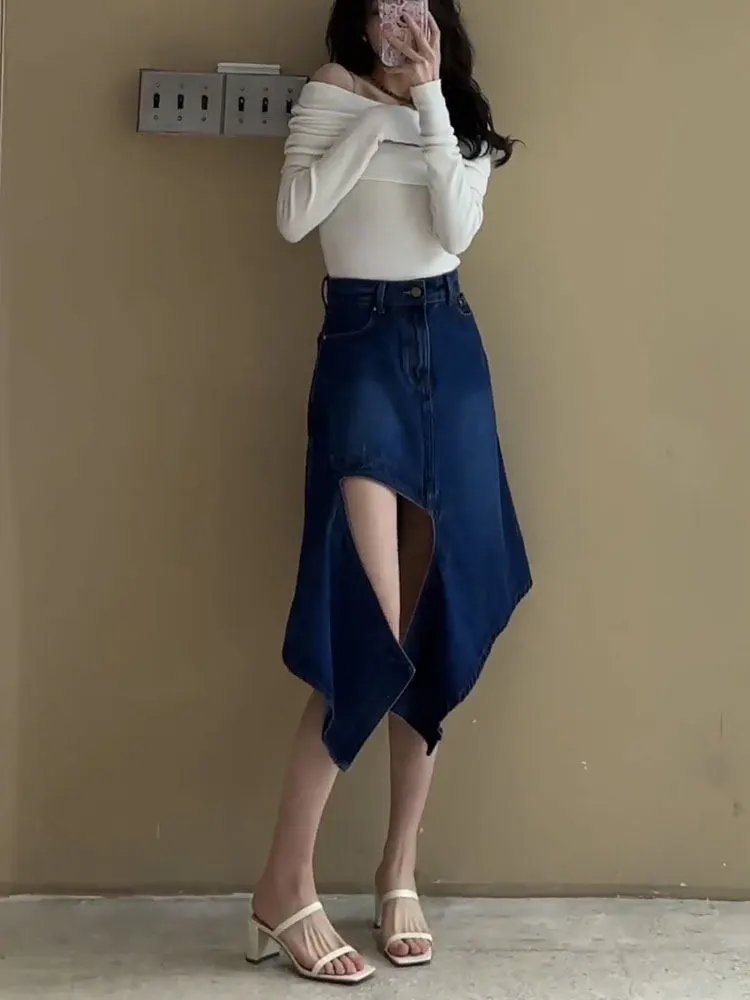 Design Asymmetrical Slit Denim Skirt Navy - 2
