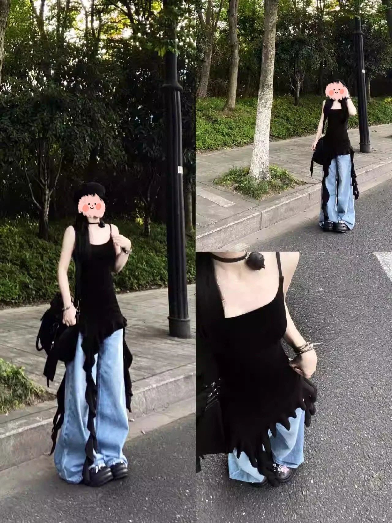 Design Ruffled Hem Black Tank Top with Asymmetrical Fringe Detail Vest Top - 3