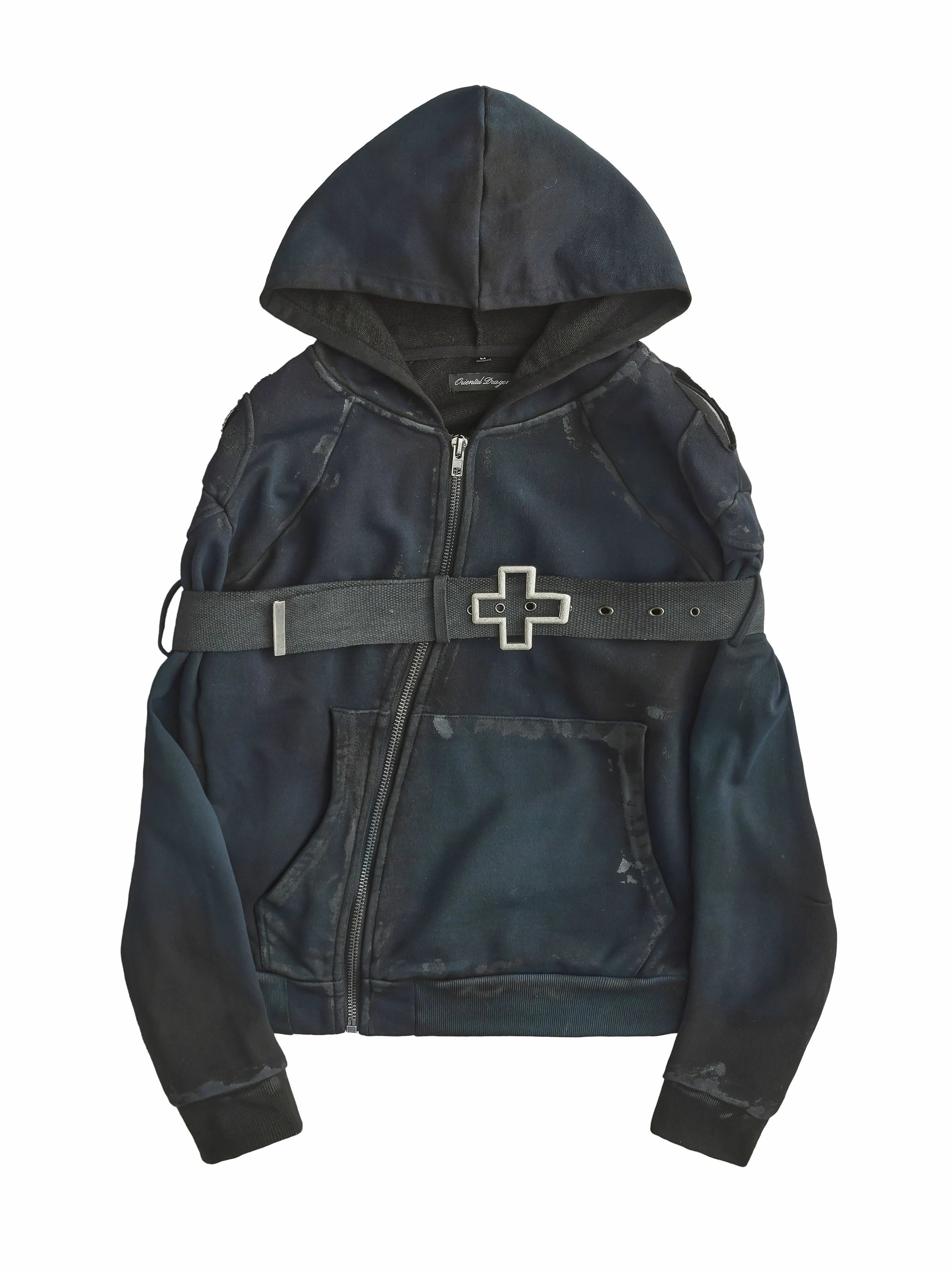 【 Exclusive Stock 】 Rangercl Used Coating Printed Shoulder Pads Cross Strap Hoodie