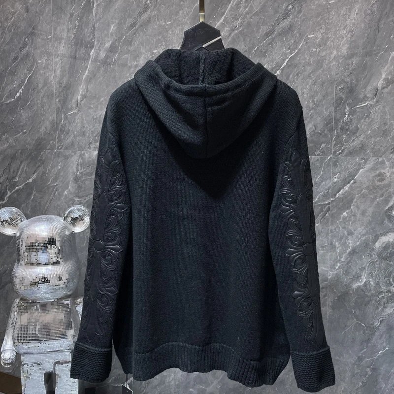 2025 Croix Cross Zipper Patch Leather Hooded Knitted Cardigan Sweater Loose Casual Versatile Unisex Jacket