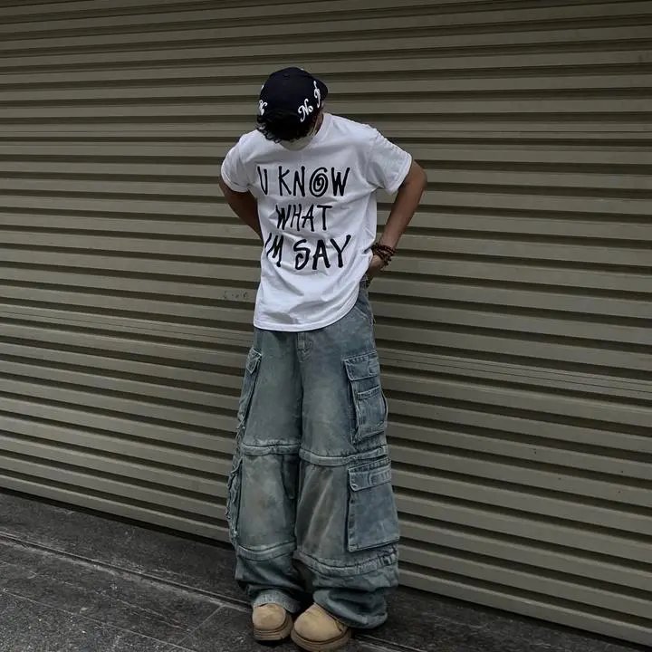 Design Cargo Denim Pants Gray Jeans - 4