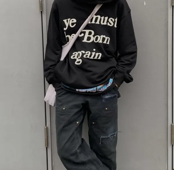 Design 'Ye Must Be Born Again' Black Oversized Hoodie with Distressed Carpenter Jeans - 1