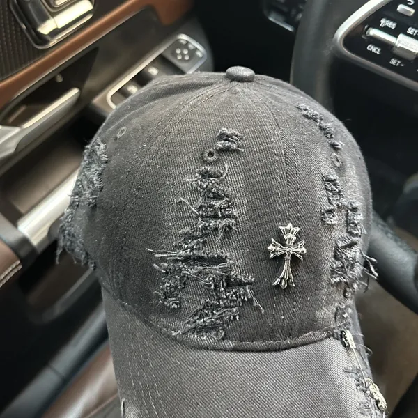Chrome Hearts Distressed Embroidered Cross Baseball Cap Black Hats - 3