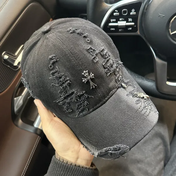 Chrome Hearts Distressed Embroidered Cross Baseball Cap Black Hats - 2