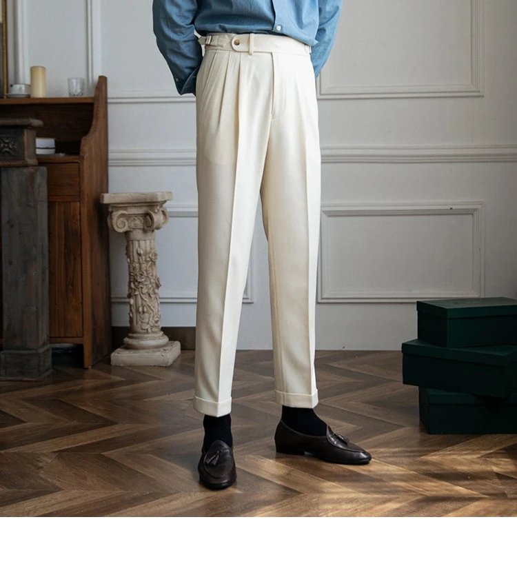 Design Pleated High-Waist Trousers Beige Pants - 12