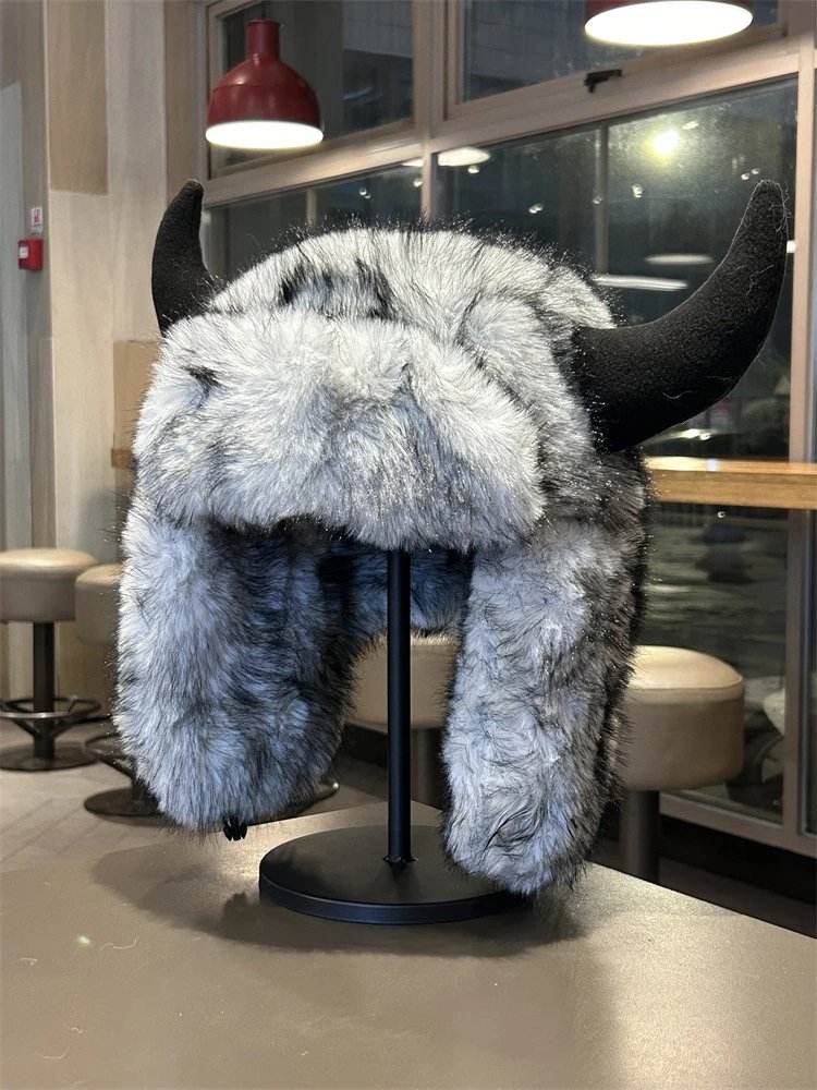 Design Viking Horn Hat Gray Faux Fur Trapper Hat Hats - 5