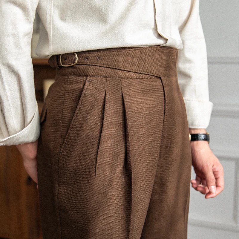 Design Pleated High-Waist Brown Wool-Blend Trousers Dress Pants
