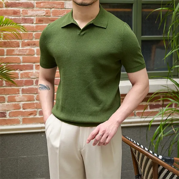 Design Ribbed Knit Polo Shirt Olive Green Tops.polo - 1