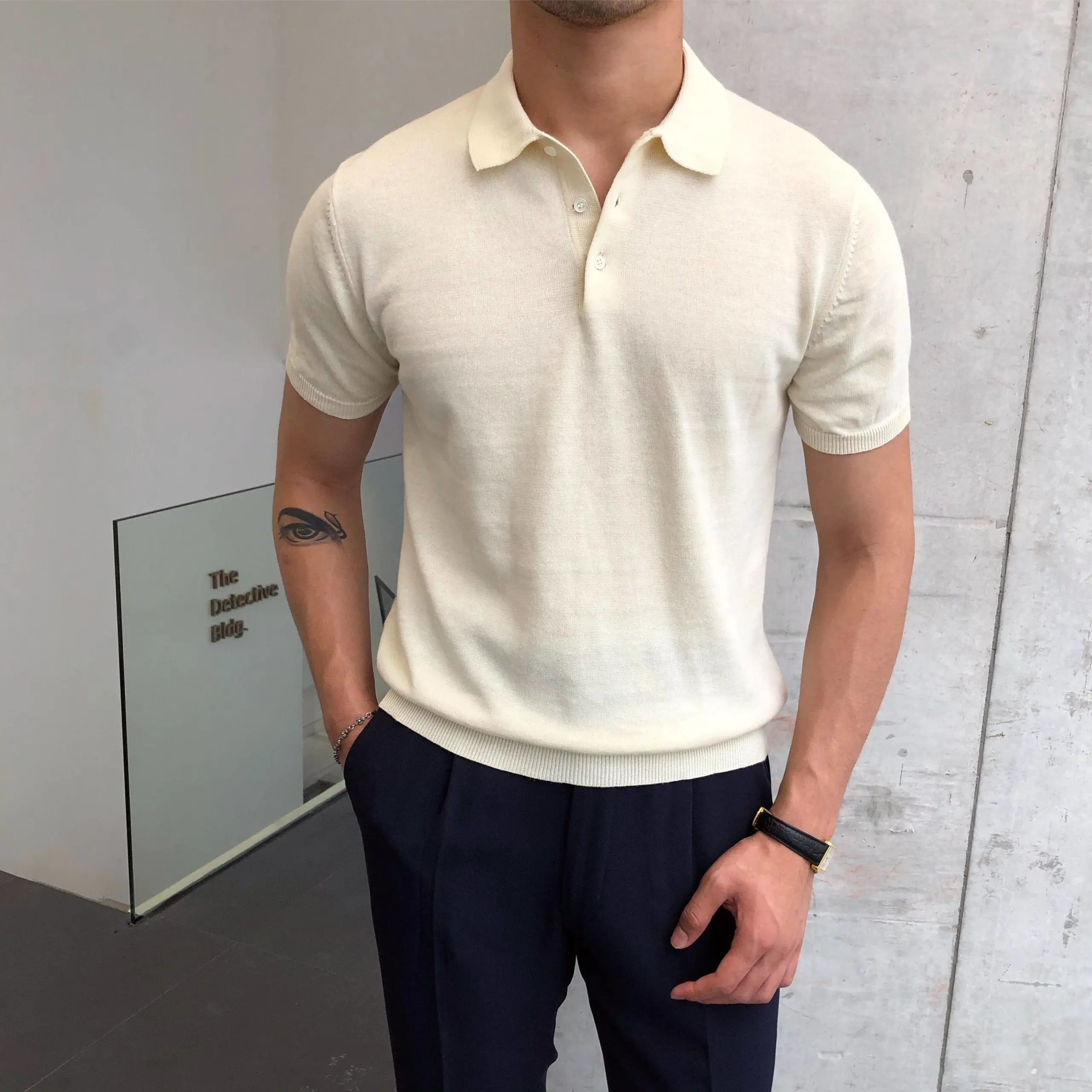Design Knit Polo Navy Blue Short Sleeve Polo Polo Shirt - 4