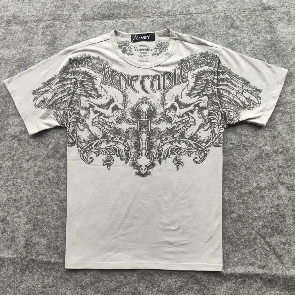 Design Venable Vencable Skull Wing Graphic T-Shirt Beige T-Shirts - 1