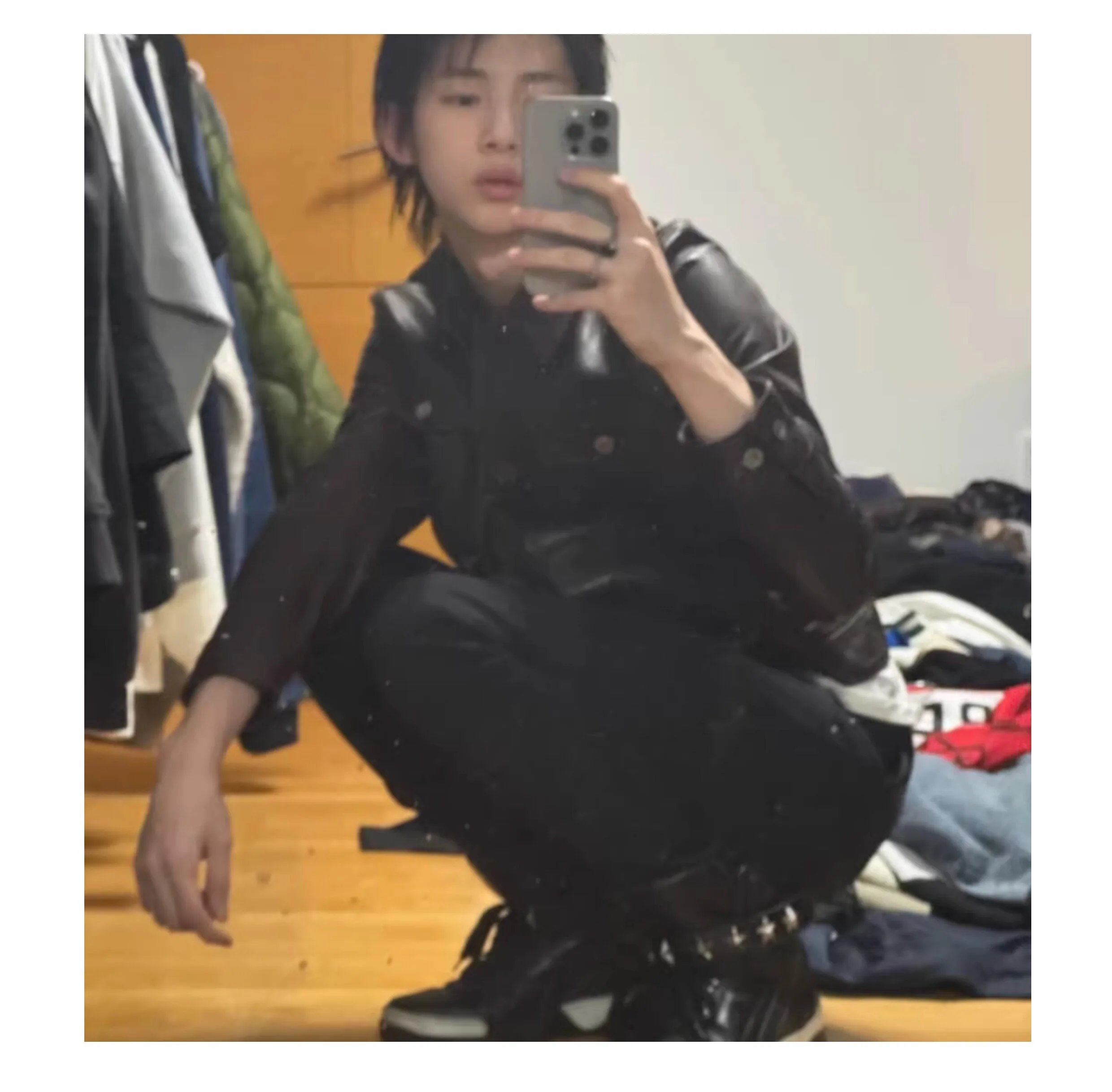 Design Leather Jacket Black + Black Pants + Chunky Sneakers - 5