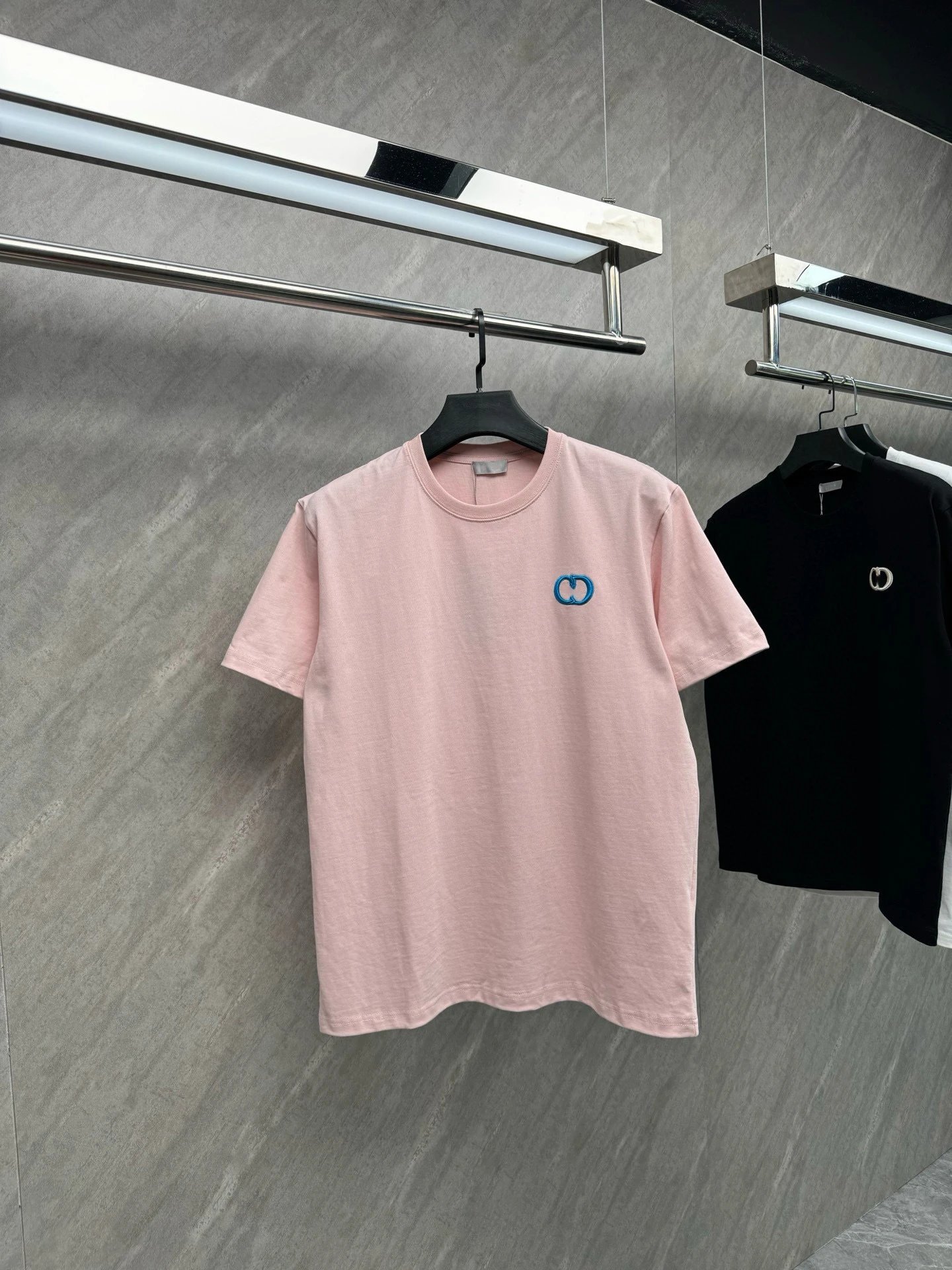 Design Logo Embroidered Crew Neck T-Shirt in Pink, Black, and White - 3