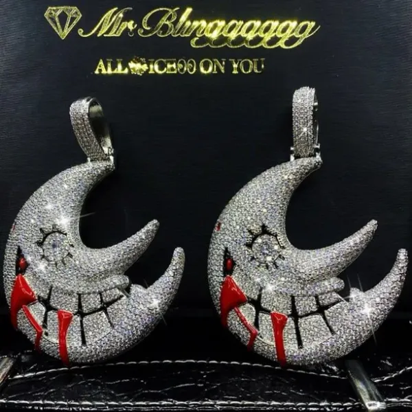 Design Mungggggg Crescent Moon Pendant with Red Drip Detail Silver-Plated Iced-Out Necklace Jewelry - 14
