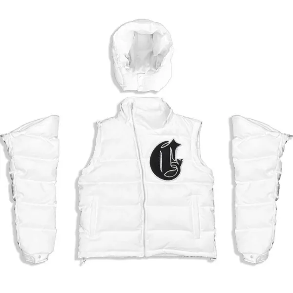 Design Custom Puffer Vest with Detachable Hood and Sleeves White Outerwear - 1