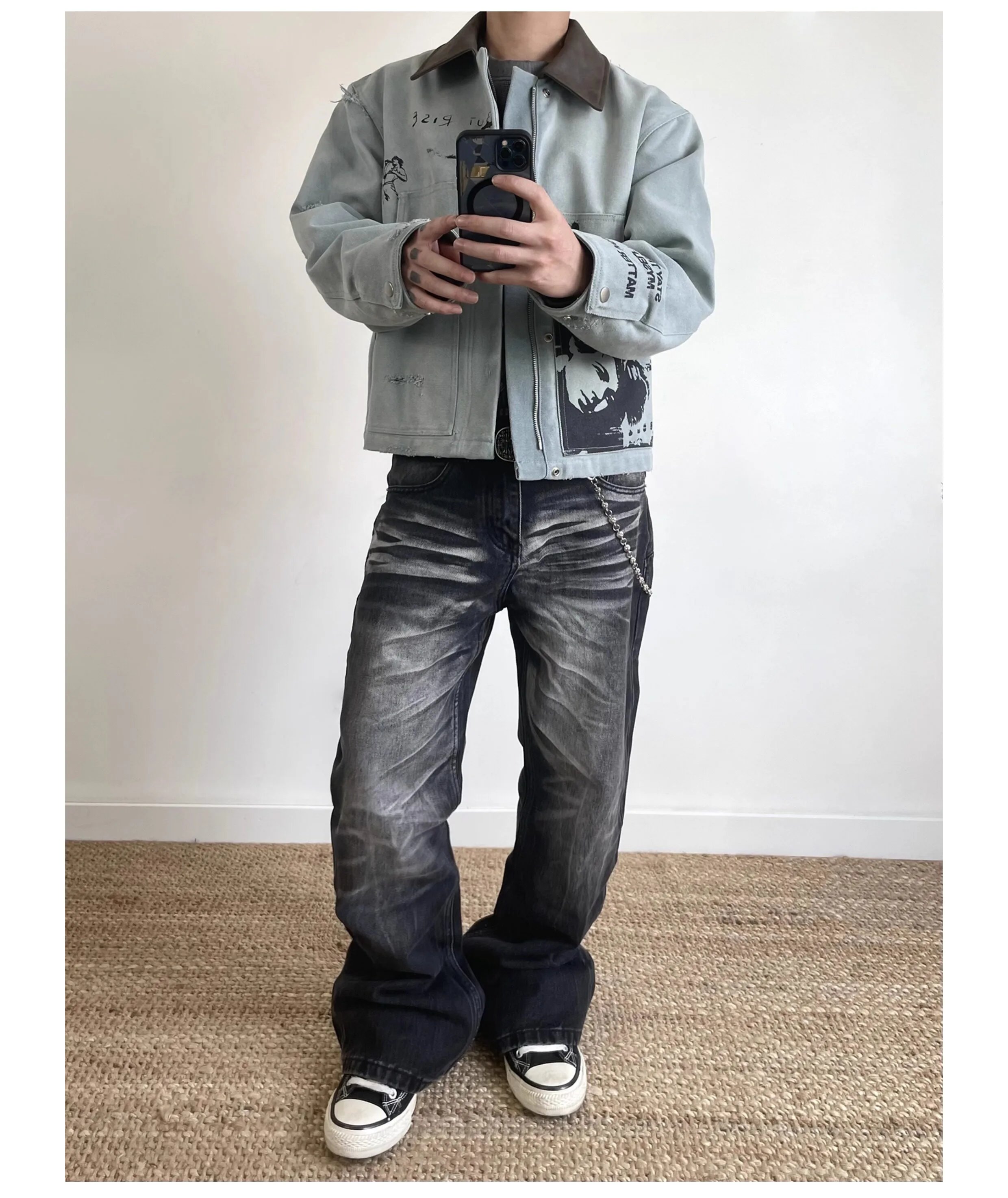 Design Distressed Graphic Denim Jacket in Light Gray with Black Washed Jeans and Converse Chuck Taylor All Star Low - 8