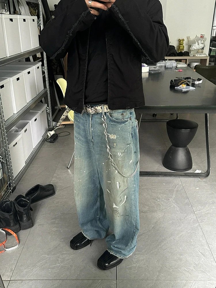 Ac Style 24SS Baggy Hand-Painted Splatter Mud-Dye Distressed Jeans Casual Straight Mid-High Waist Ripped Pants