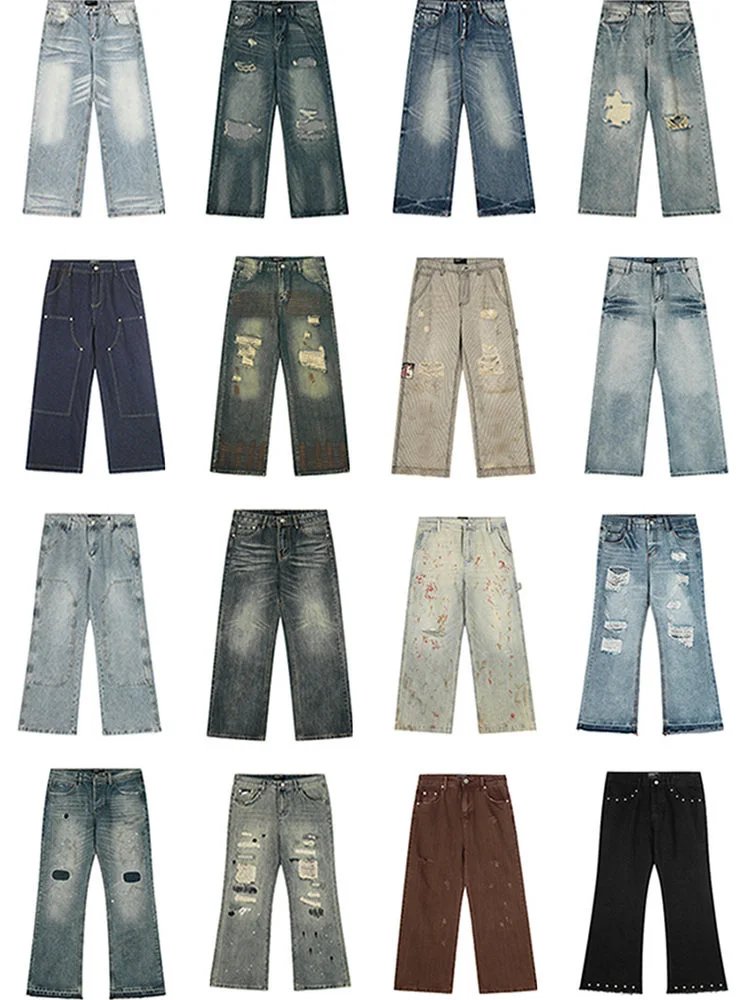 American high street retro ripped hole washed ink splashed straight leg ins jeans for men and women