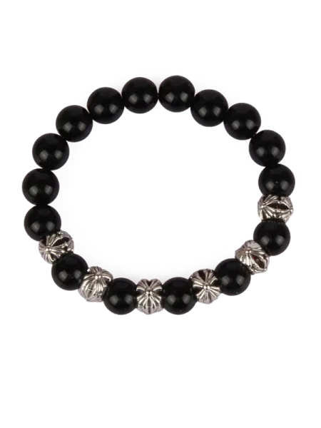 Design Matte Black Bead Bracelet with Silver Floral Charms Jewelry - 6