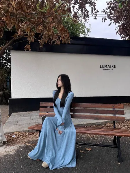 Design Ribbed V-Neck Bell Sleeve Maxi Dress Light Blue - 4