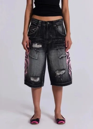 Design Distressed Zebra-Print Denim Shorts Black Pink - 1