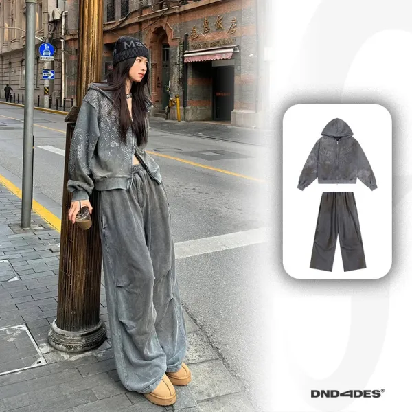 Design DND4DES Distressed Gray Hoodie and Wide-Leg Pants Set Sets - 1