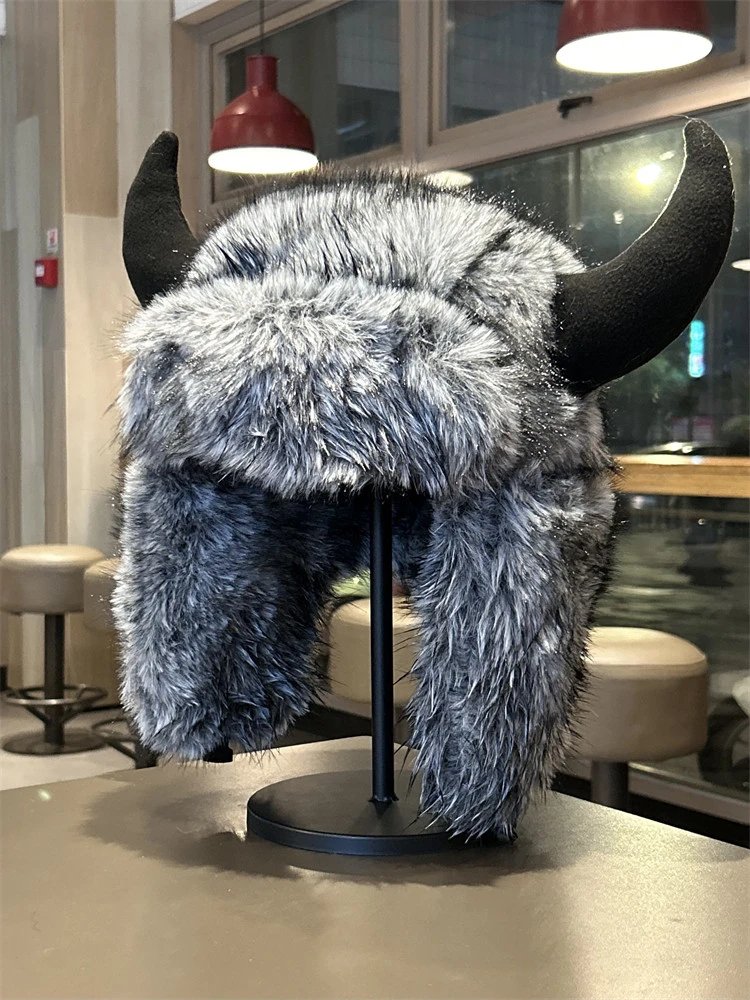 Design Viking Horn Hat Gray Faux Fur Trapper Hat Hats - 3