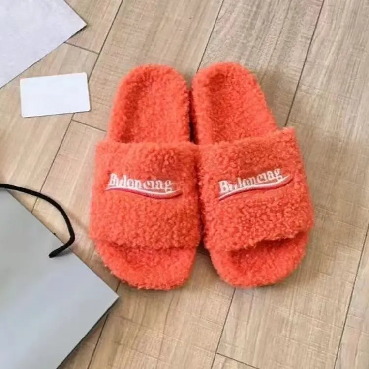 Balenciaga Triple S Furry Slides Orange Slippers